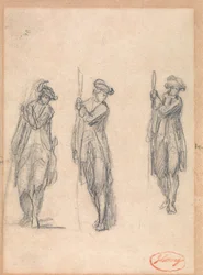 Drei Skizzen eines Mannes in Uniform